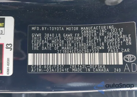 2013 Toyota Corolla S из США, поврежденный, VIN 2T1BU4EE5DC967322